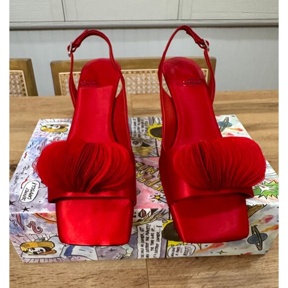 Jeffrey Campbell Duffy Slingback Red Satin Heel Size 10 NIB Plume Design Elegant - Picture 2 of 14